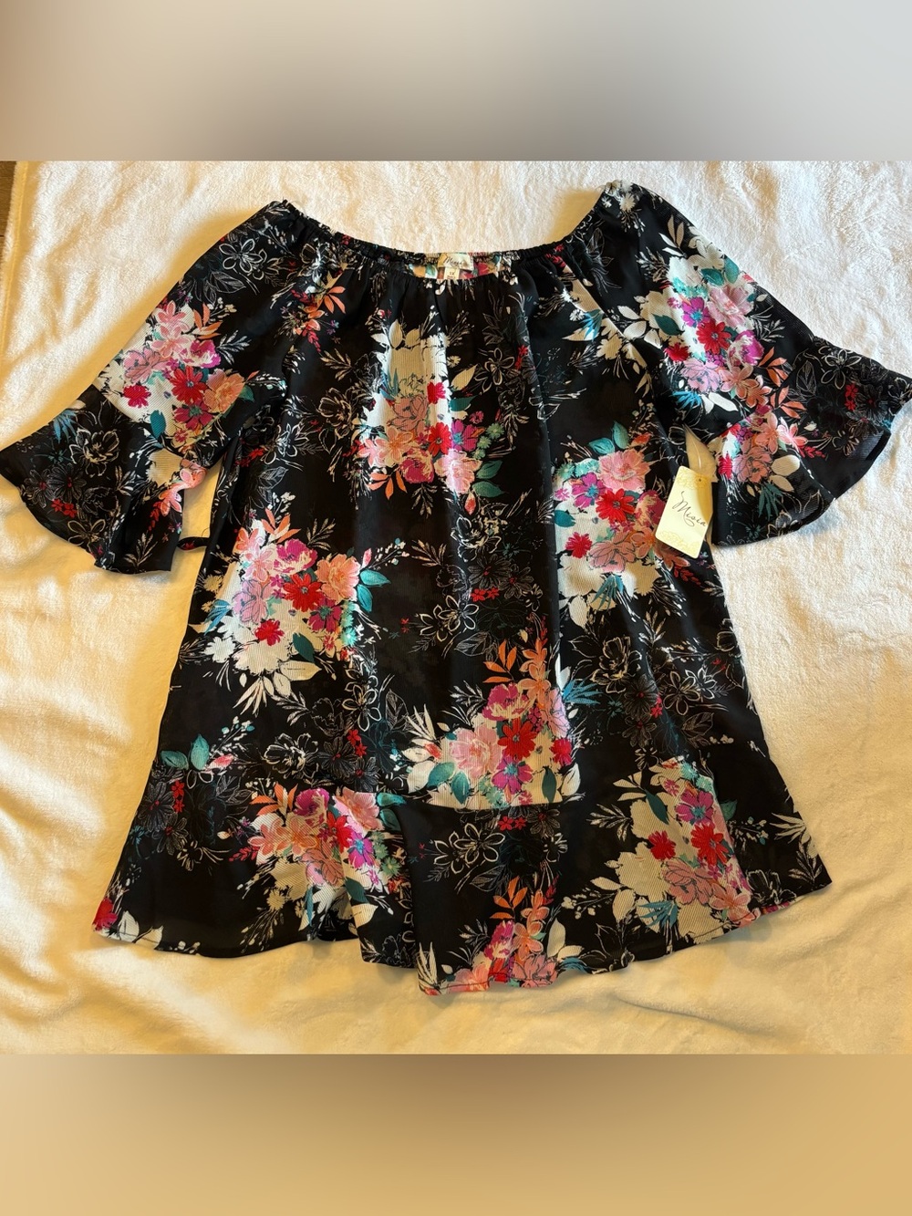 Misia Black Floral Off-Shoulder Tunic with Pink & Teal Accents
